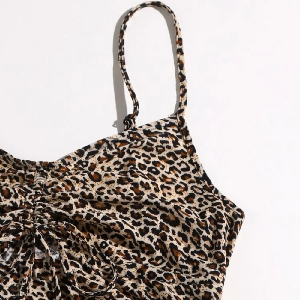 Drawstring Ruched Leopard Dress - Picture 4 of 13